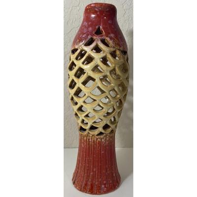 Koi Fish Laced Ribbed Ceramic Vase Red Tan