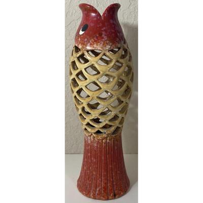 Koi Fish Laced Ribbed Ceramic Vase Red Tan