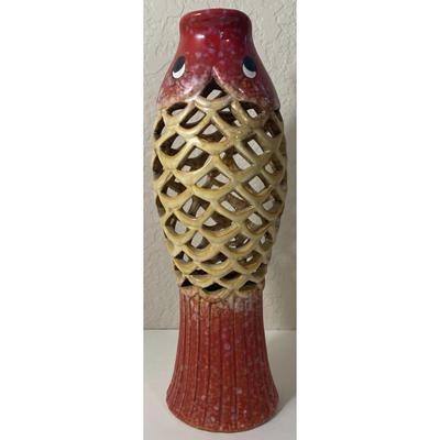 Koi Fish Laced Ribbed Ceramic Vase Red Tan