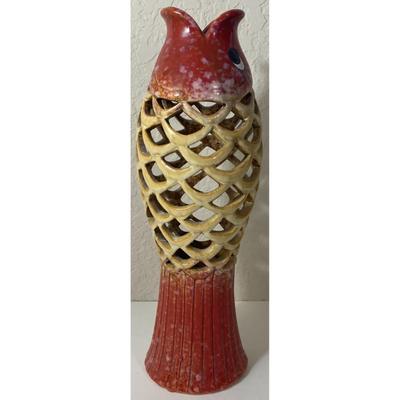 Koi Fish Laced Ribbed Ceramic Vase Red Tan