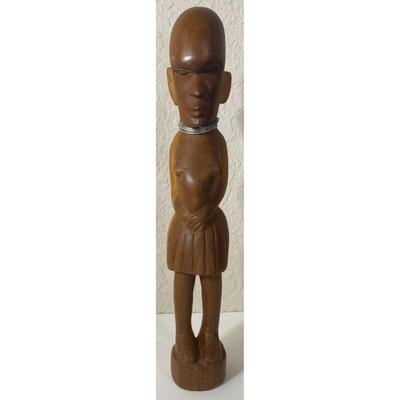 Vintage African Brown Wood Carved Woman Female Statue Metal Necklace