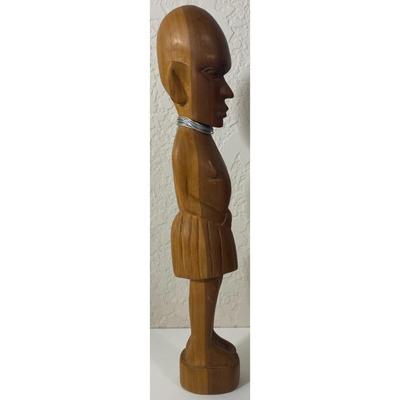 Vintage African Brown Wood Carved Woman Female Statue Metal Necklace