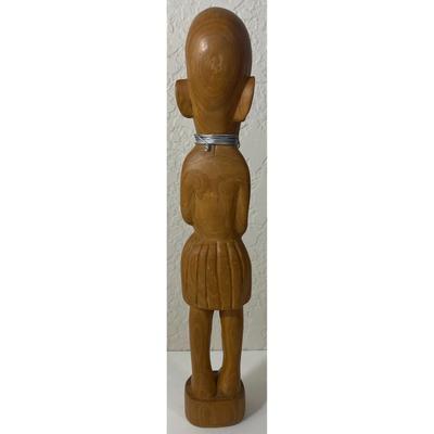 Vintage African Brown Wood Carved Woman Female Statue Metal Necklace