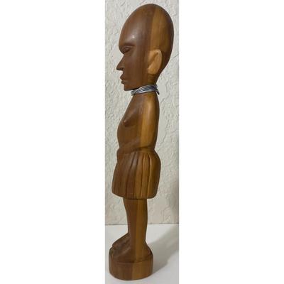 Vintage African Brown Wood Carved Woman Female Statue Metal Necklace