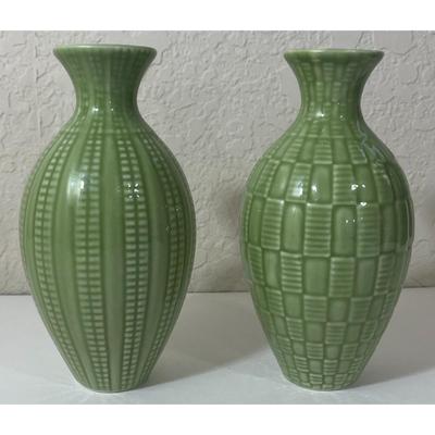2 Green 6" Ceramic Pottery Embossed Vases Small