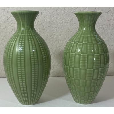 2 Green 6" Ceramic Pottery Embossed Vases Small
