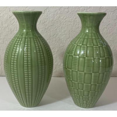 2 Green 6" Ceramic Pottery Embossed Vases Small