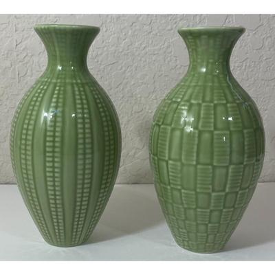 2 Green 6" Ceramic Pottery Embossed Vases Small