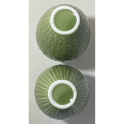 2 Green 6" Ceramic Pottery Embossed Vases Small