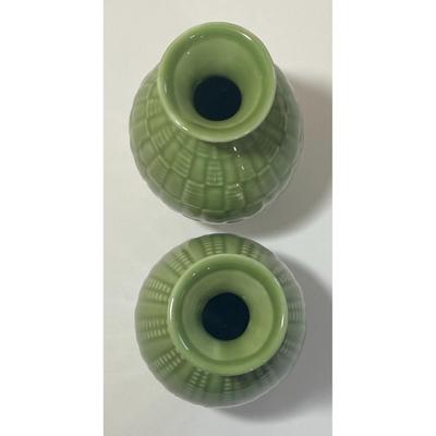 2 Green 6" Ceramic Pottery Embossed Vases Small
