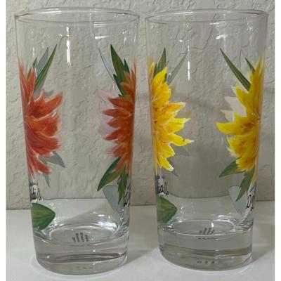 2 Dinner Plate Dahlia 6" Drinking Glasses Red Yellow Flower Floral