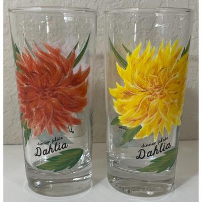 2 Dinner Plate Dahlia 6" Drinking Glasses Red Yellow Flower Floral