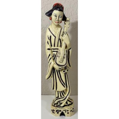 Vintage 11" Plastic Japanese Woman Lady Statue Instrument Music Black White