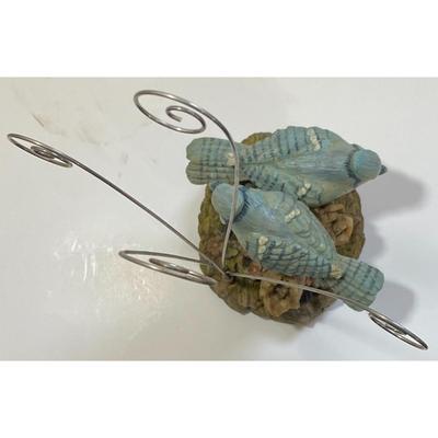 Vintage Blue Jays Figurine / Metal Wire Picture Holder Bird Flower Floral