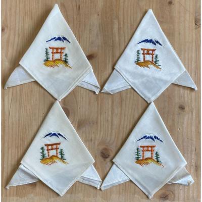 4 Vintage Occupied Japan Embroidered Napkins Shinto Shrine Mount Fuji Trees - A