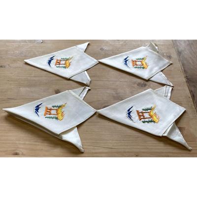 4 Vintage Occupied Japan Embroidered Napkins Shinto Shrine Mount Fuji Trees - A