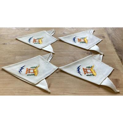 4 Vintage Occupied Japan Embroidered Napkins Shinto Shrine Mount Fuji Trees - B
