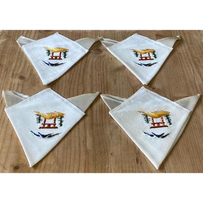 4 Vintage Occupied Japan Embroidered Napkins Shinto Shrine Mount Fuji Trees - B