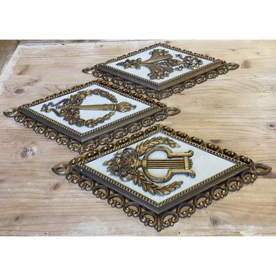 Vintage 1971 Homco Dart Gold Torch Accent Wall Plastic Plaque Set of 3