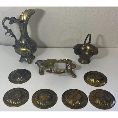 Vintage Brass - Basket, Floral Flower Pitcher (Italy), Inkwell, 6 Candleholders