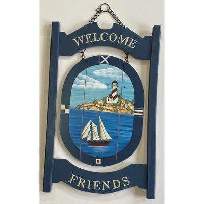 Faith Rollins Welcome Friends Wood Nautical Sign Lighthouse Boat Ocean Blue