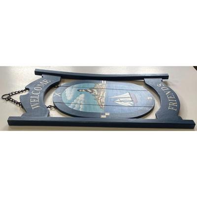 Faith Rollins Welcome Friends Wood Nautical Sign Lighthouse Boat Ocean Blue