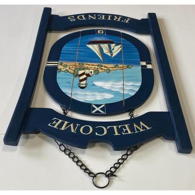 Faith Rollins Welcome Friends Wood Nautical Sign Lighthouse Boat Ocean Blue