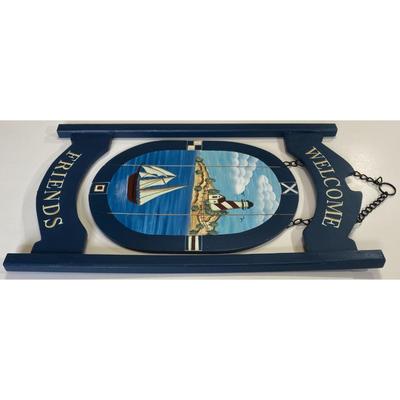 Faith Rollins Welcome Friends Wood Nautical Sign Lighthouse Boat Ocean Blue
