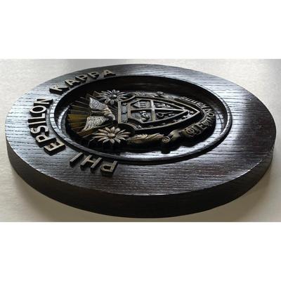 Vintage Phi Epsilon Kappa Wooden Crest Round Brown Fraternity Phys Ed Sports