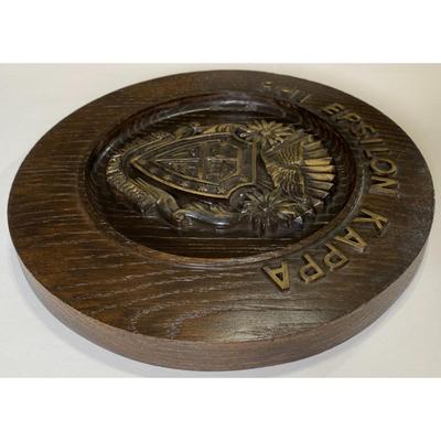 Vintage Phi Epsilon Kappa Wooden Crest Round Brown Fraternity Phys Ed Sports