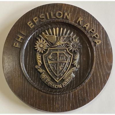 Vintage Phi Epsilon Kappa Wooden Crest Round Brown Fraternity Phys Ed Sports