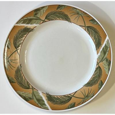 4 American Atelier West Indies 5171 Stoneware Dinner Plates Trees Leaves