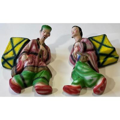 2 Vintage Japanese Ceramic Wall Vases Man Woman Orient Asia Asian Flowers Floral