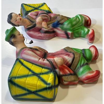 2 Vintage Japanese Ceramic Wall Vases Man Woman Orient Asia Asian Flowers Floral