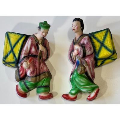 2 Vintage Japanese Ceramic Wall Vases Man Woman Orient Asia Asian Flowers Floral