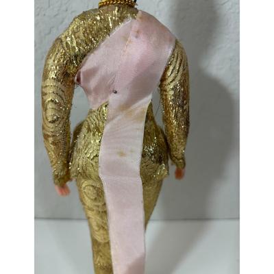 Vintage 1970s Thai Dancer Doll Gold Dress Painted Face Display Stand