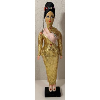 Vintage 1970s Thai Dancer Doll Gold Dress Painted Face Display Stand