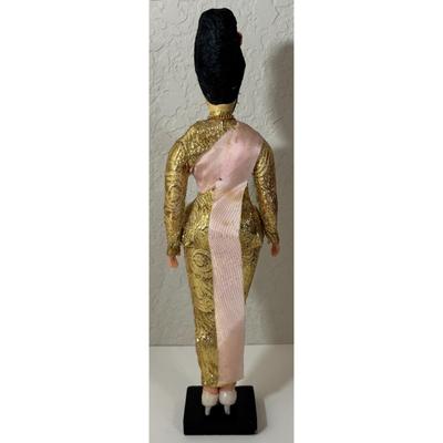 Vintage 1970s Thai Dancer Doll Gold Dress Painted Face Display Stand
