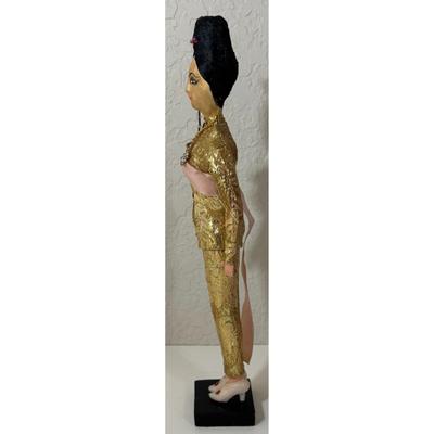 Vintage 1970s Thai Dancer Doll Gold Dress Painted Face Display Stand