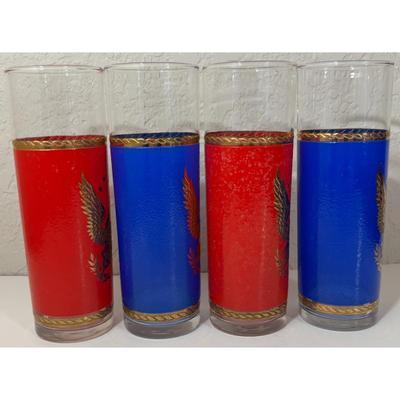 4 Vintage Patriotic Golden Eagle Collins Glasses Red Blue Americana USA