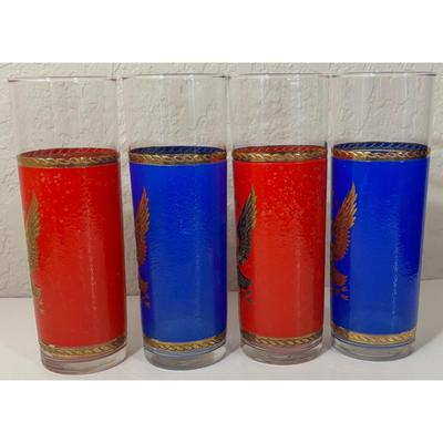 4 Vintage Patriotic Golden Eagle Collins Glasses Red Blue Americana USA