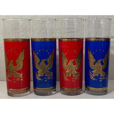 4 Vintage Patriotic Golden Eagle Collins Glasses Red Blue Americana USA