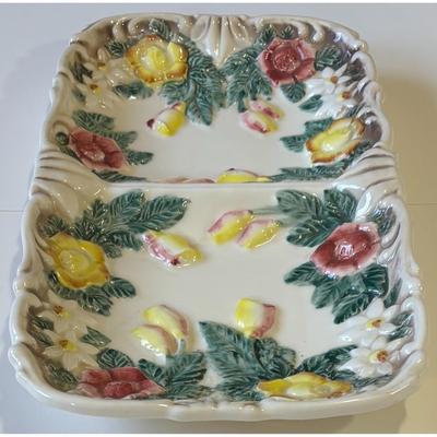 Vintage Norleans Ceramic Rectangular Divided Tray Flowers Floral Made In Japan