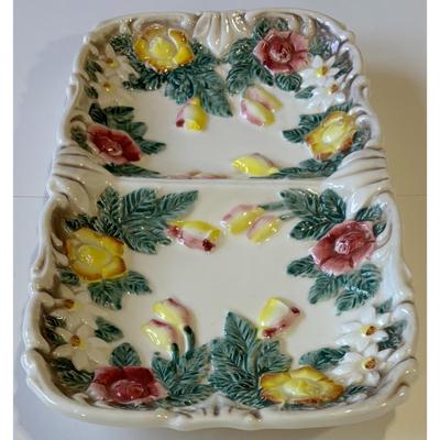Vintage Norleans Ceramic Rectangular Divided Tray Flowers Floral Made In Japan
