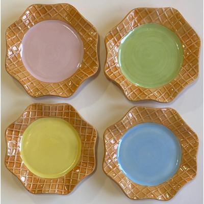 4 Williams Sonoma Waffle Cone Salad Plates Green Pink Blue Yellow Ice Cream
