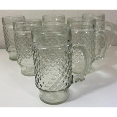 6 Vintage Clear Quilted Diamond Point Pattern Footed Mugs MCM Mid Century