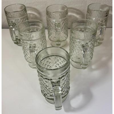 6 Vintage Clear Quilted Diamond Point Pattern Footed Mugs MCM Mid Century