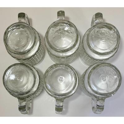 6 Vintage Clear Quilted Diamond Point Pattern Footed Mugs MCM Mid Century