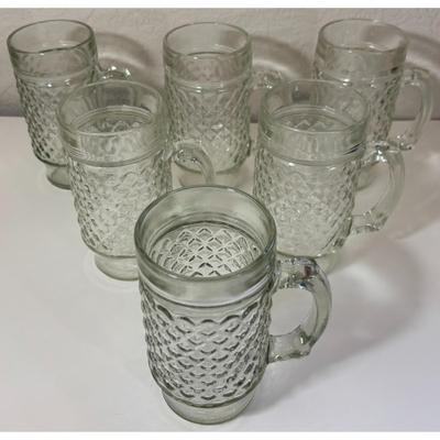 6 Vintage Clear Quilted Diamond Point Pattern Footed Mugs MCM Mid Century