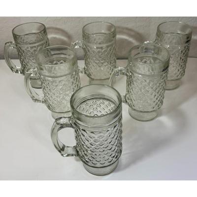 6 Vintage Clear Quilted Diamond Point Pattern Footed Mugs MCM Mid Century